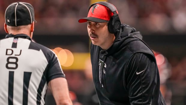 Oct 15, 2023; Atlanta, Georgia, USA; Atlanta Falcons head coach Arthur Smith shown reacting during the game against the Washington Commanders during the second half at Mercedes-Benz Stadium.